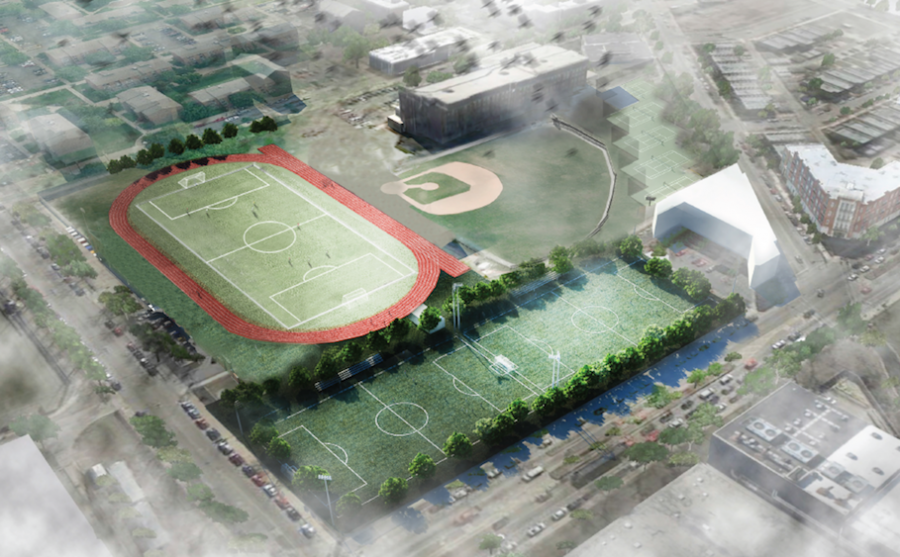 Contemplated plan for future athletic facilities south of Roosevelt Road between Morgan and Blue Island streets. The current vision is still being finalized. 
