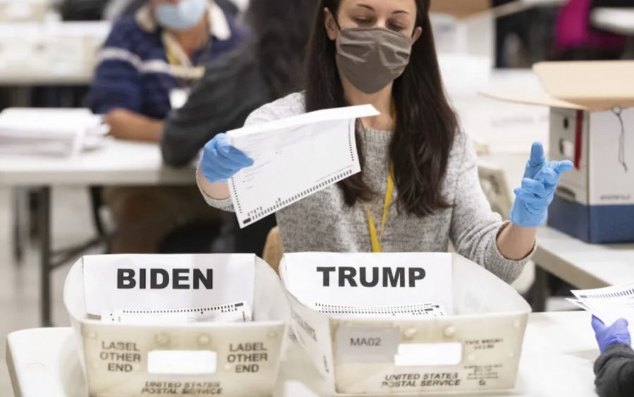 An election worker organizing recounted ballots in Marietta, Ga. Courtesy of John Amis for Associated Press