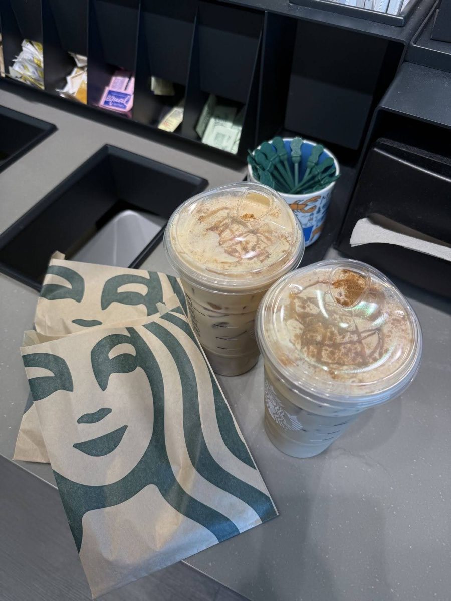 Image of Starbucks coffees and bagels before the school day